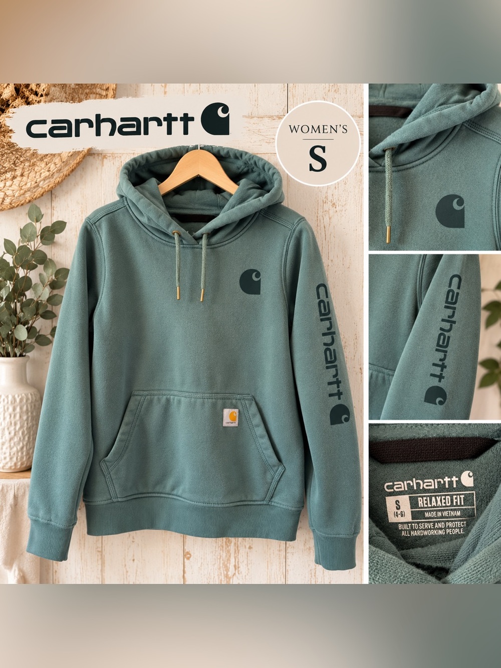 Carhartt Women's Sage Green Hooded Pullover Sweatshirt - S